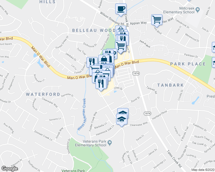 map of restaurants, bars, coffee shops, grocery stores, and more near 4230 Saron Drive in Lexington