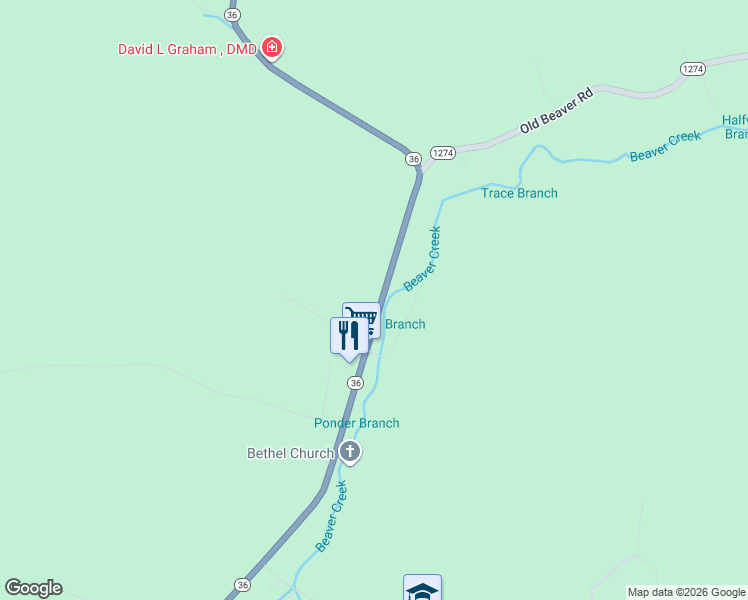 map of restaurants, bars, coffee shops, grocery stores, and more near 1309 Kentucky 36 in Frenchburg
