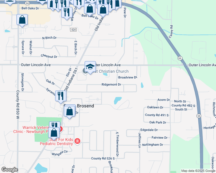 map of restaurants, bars, coffee shops, grocery stores, and more near 7766 Meadow Ln in Newburgh