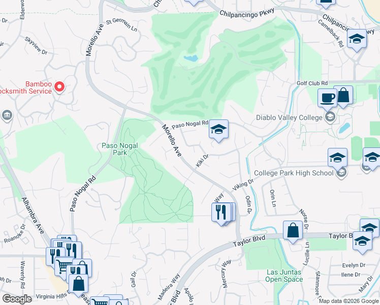 map of restaurants, bars, coffee shops, grocery stores, and more near 8 Skander Court in Pleasant Hill