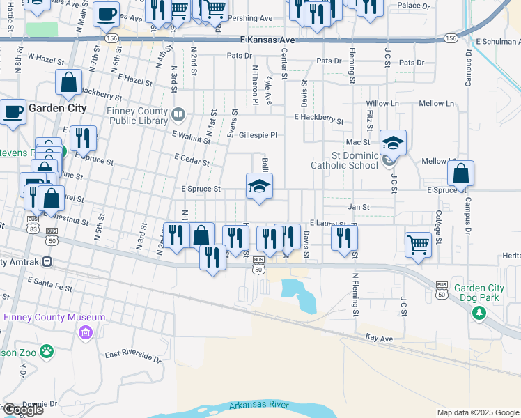 map of restaurants, bars, coffee shops, grocery stores, and more near 1110 East Pine Street in Garden City
