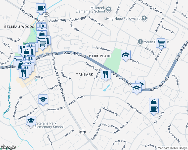 map of restaurants, bars, coffee shops, grocery stores, and more near 1124 Buttonwood Court in Lexington