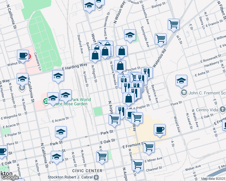 map of restaurants, bars, coffee shops, grocery stores, and more near 1330 East Roosevelt Street in Stockton