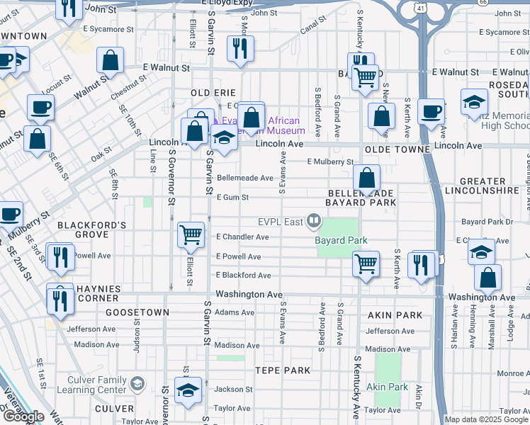 map of restaurants, bars, coffee shops, grocery stores, and more near 732 Bayard Park Drive in Evansville