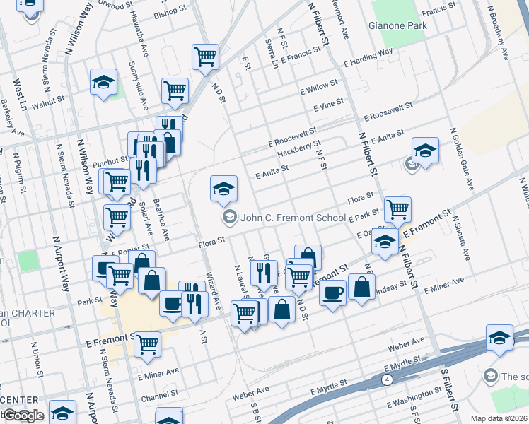 map of restaurants, bars, coffee shops, grocery stores, and more near 2204 East Poplar Street in Stockton