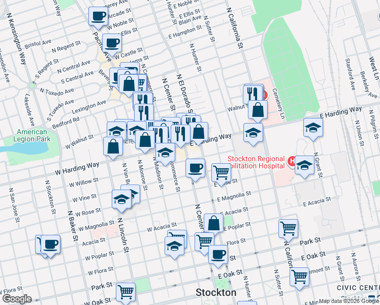 map of restaurants, bars, coffee shops, grocery stores, and more near 11 East Willow Street in Stockton