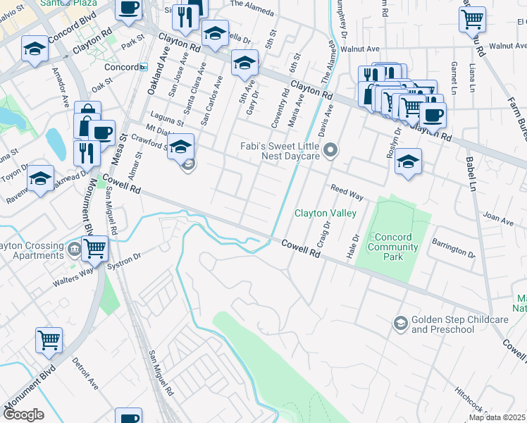 map of restaurants, bars, coffee shops, grocery stores, and more near 3219 Sheffield Place in Concord