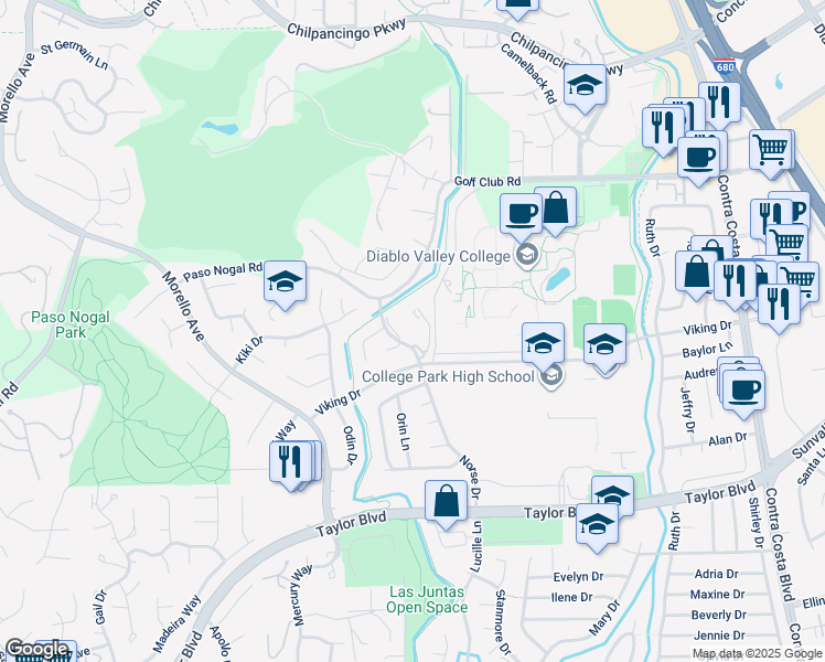 map of restaurants, bars, coffee shops, grocery stores, and more near 2071 Norse Drive in Pleasant Hill