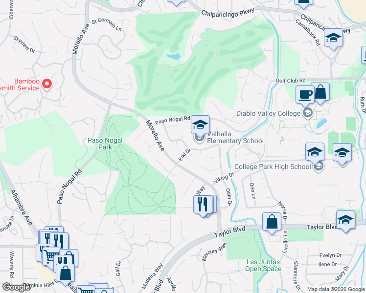 map of restaurants, bars, coffee shops, grocery stores, and more near 552 Kiki Drive in Pleasant Hill