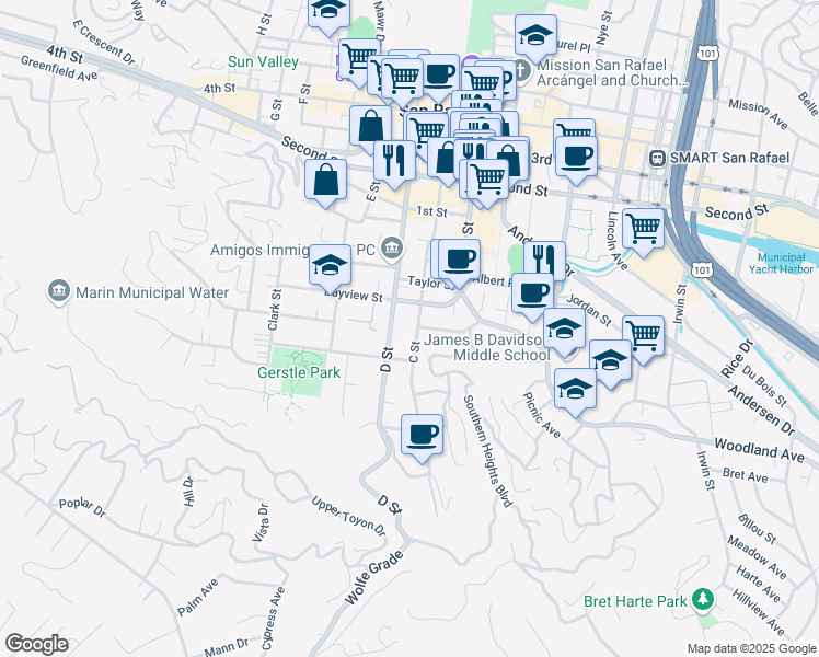 map of restaurants, bars, coffee shops, grocery stores, and more near 318A C Street in San Rafael