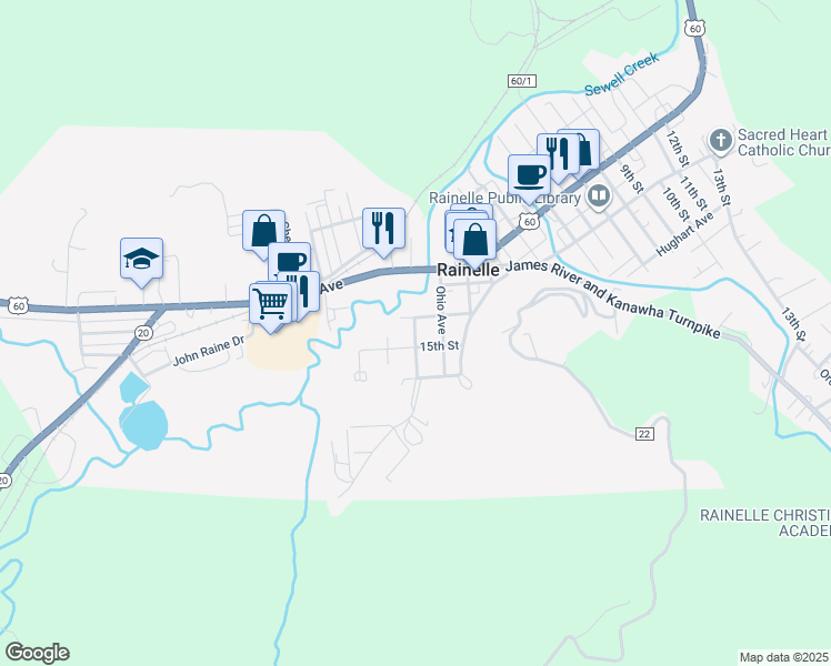 map of restaurants, bars, coffee shops, grocery stores, and more near 401-411 Penn Ave in Rainelle