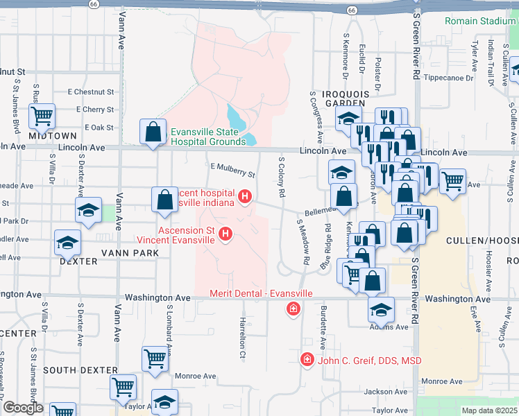 map of restaurants, bars, coffee shops, grocery stores, and more near 3951 Bellemeade Avenue in Evansville