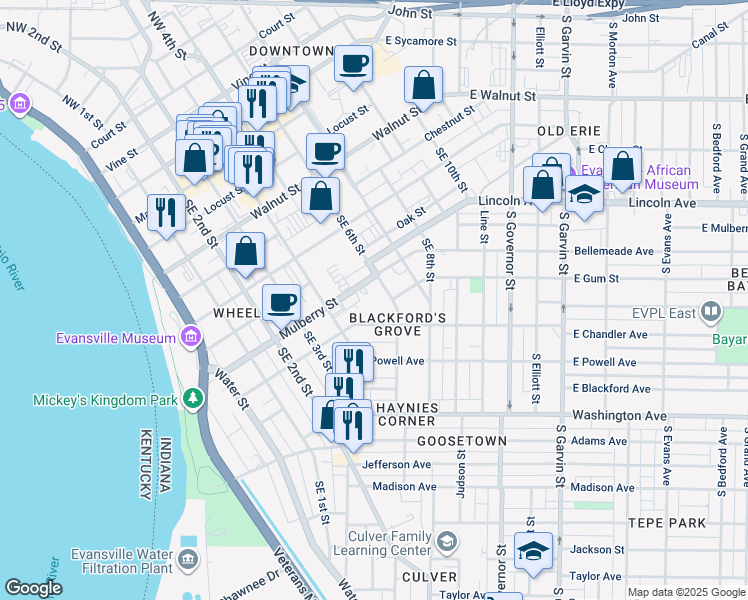 map of restaurants, bars, coffee shops, grocery stores, and more near 30 East Chandler Avenue in Evansville