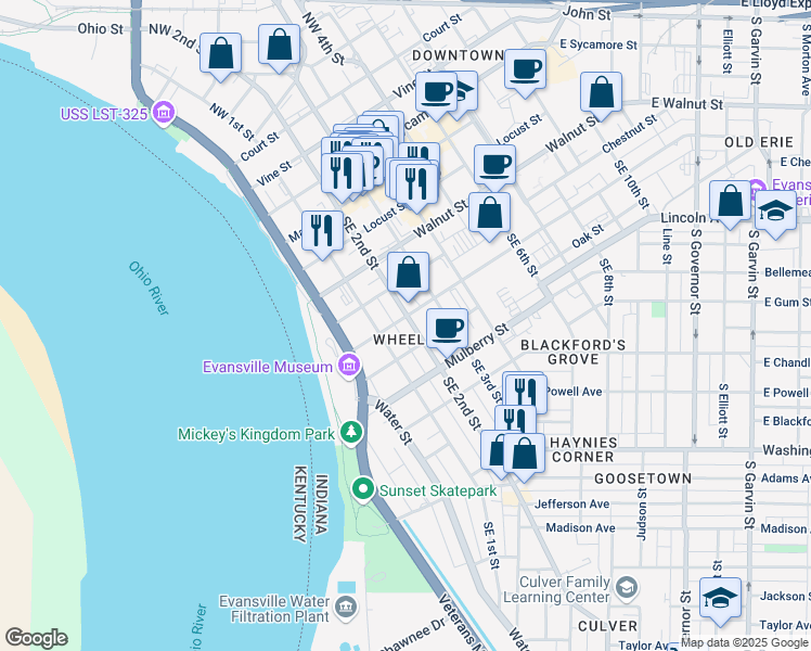 map of restaurants, bars, coffee shops, grocery stores, and more near 420 Southeast 2nd Street in Evansville