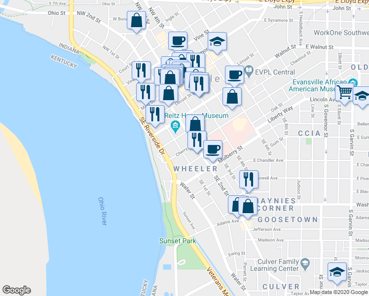 map of restaurants, bars, coffee shops, grocery stores, and more near 400 Southeast 1st Street in Evansville