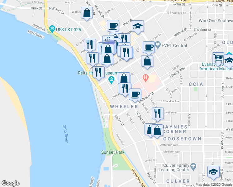 map of restaurants, bars, coffee shops, grocery stores, and more near 400 Southeast 1st Street in Evansville