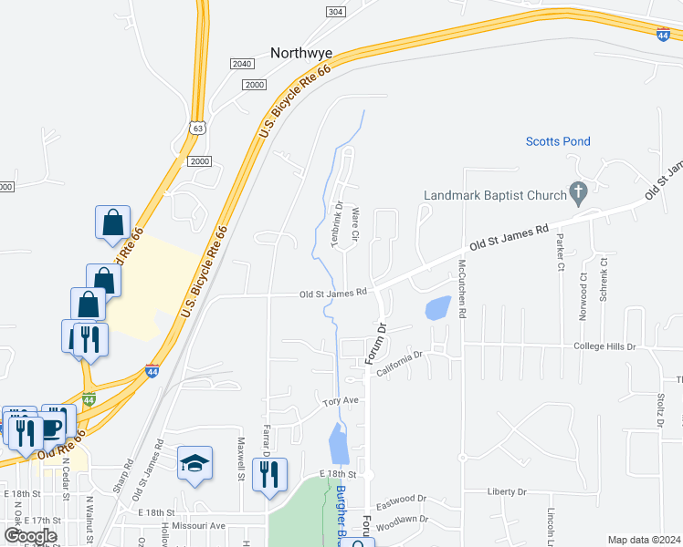 map of restaurants, bars, coffee shops, grocery stores, and more near 2105 Tenbrink Drive in Rolla