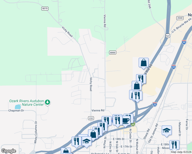 map of restaurants, bars, coffee shops, grocery stores, and more near 211 Roseglade in Rolla