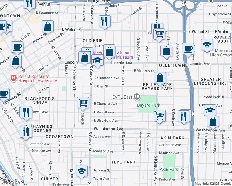 map of restaurants, bars, coffee shops, grocery stores, and more near 729 Bayard Park Drive in Evansville