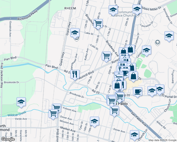 map of restaurants, bars, coffee shops, grocery stores, and more near 2501 Macarthur Avenue in San Pablo