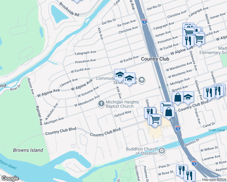 map of restaurants, bars, coffee shops, grocery stores, and more near 3028 West Mendocino Avenue in Stockton