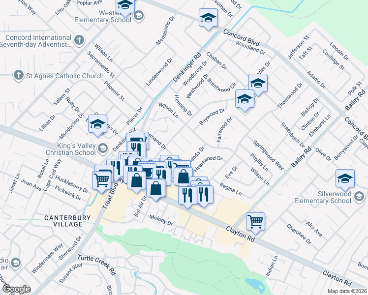 map of restaurants, bars, coffee shops, grocery stores, and more near 4285 Carter Court in Concord