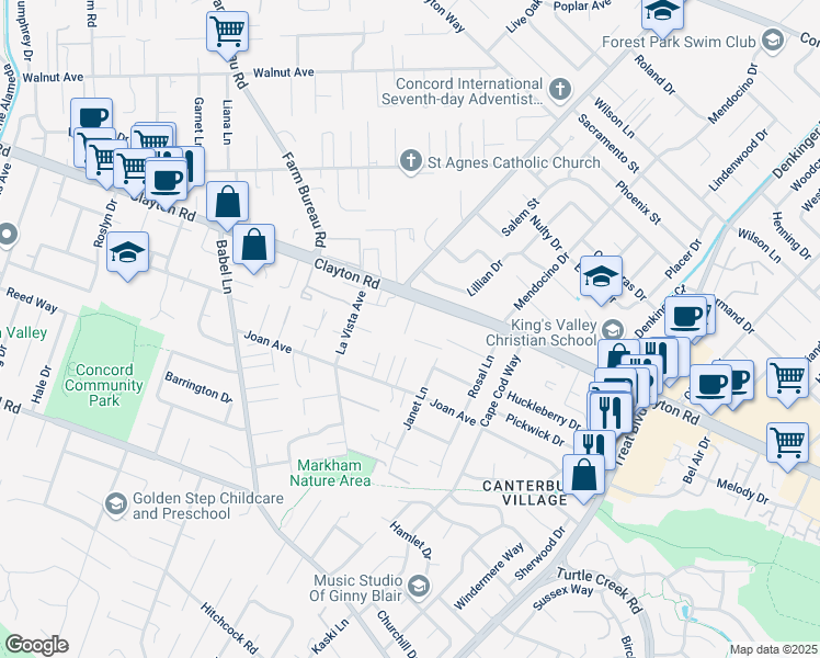 map of restaurants, bars, coffee shops, grocery stores, and more near 1483 Starr Lane in Concord
