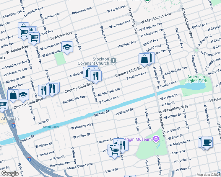 map of restaurants, bars, coffee shops, grocery stores, and more near 1775 Middlefield Avenue in Stockton
