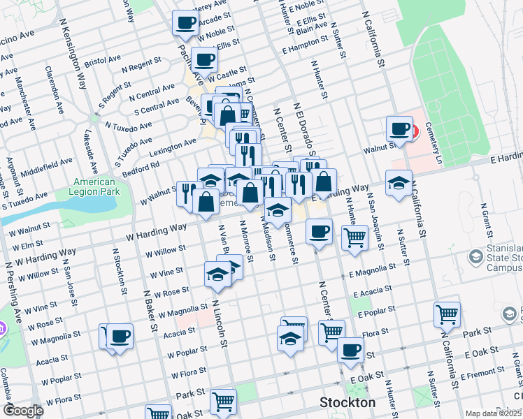 map of restaurants, bars, coffee shops, grocery stores, and more near 1430 North Madison Street in Stockton