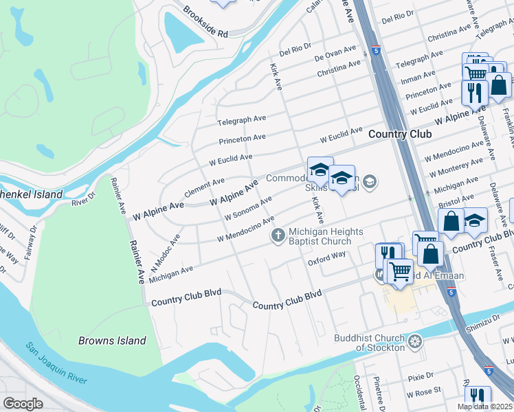 map of restaurants, bars, coffee shops, grocery stores, and more near 3226 West Sonoma Avenue in Stockton
