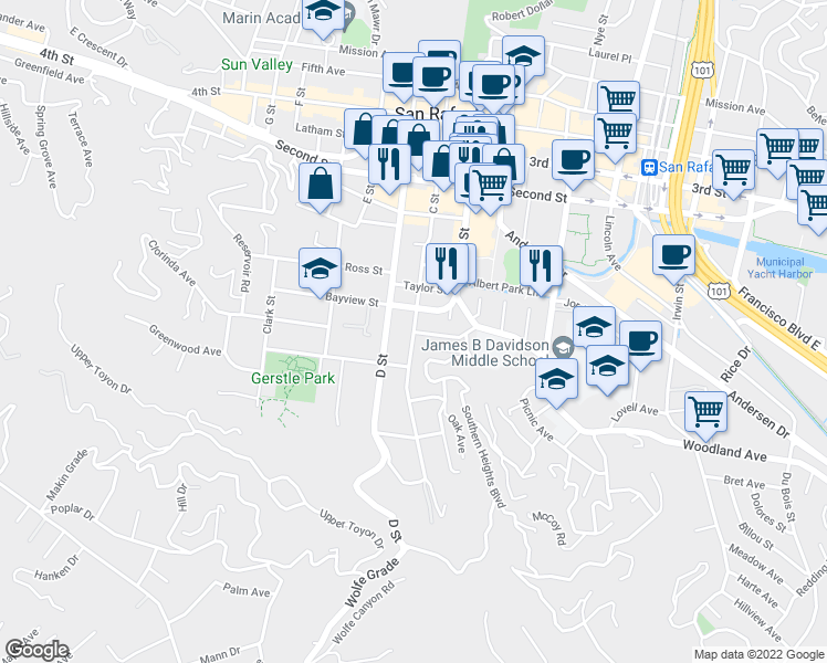 map of restaurants, bars, coffee shops, grocery stores, and more near C St & Octavia St in San Rafael