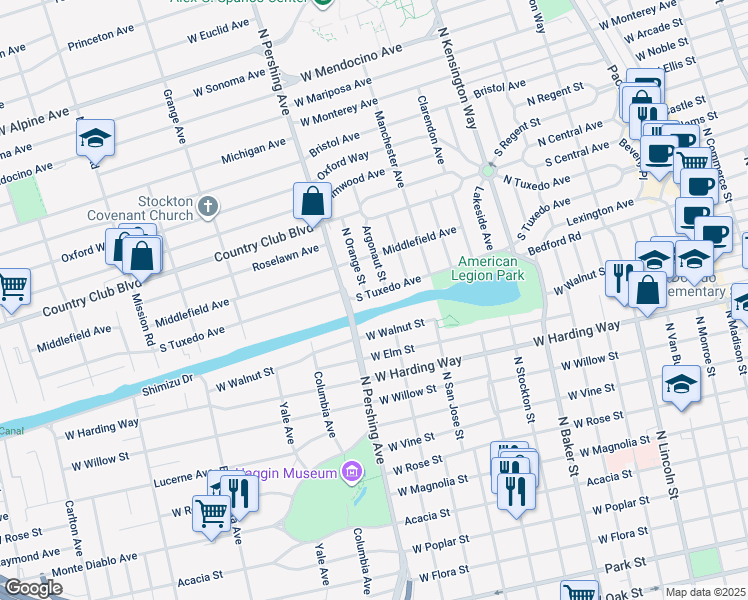 map of restaurants, bars, coffee shops, grocery stores, and more near 1228 South Tuxedo Avenue in Stockton