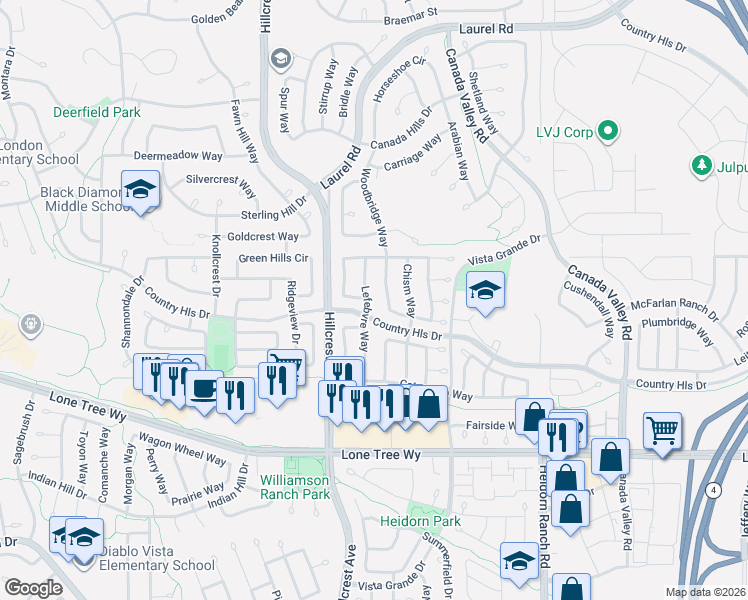 map of restaurants, bars, coffee shops, grocery stores, and more near 4841 Lefebvre Way in Antioch