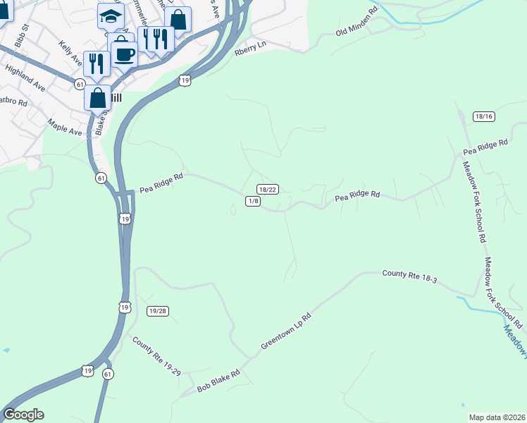 map of restaurants, bars, coffee shops, grocery stores, and more near 520 Pea Ridge Road in Oak Hill
