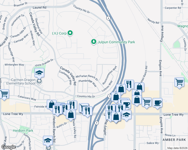 map of restaurants, bars, coffee shops, grocery stores, and more near 5560 McFarlan Ranch Drive in Antioch