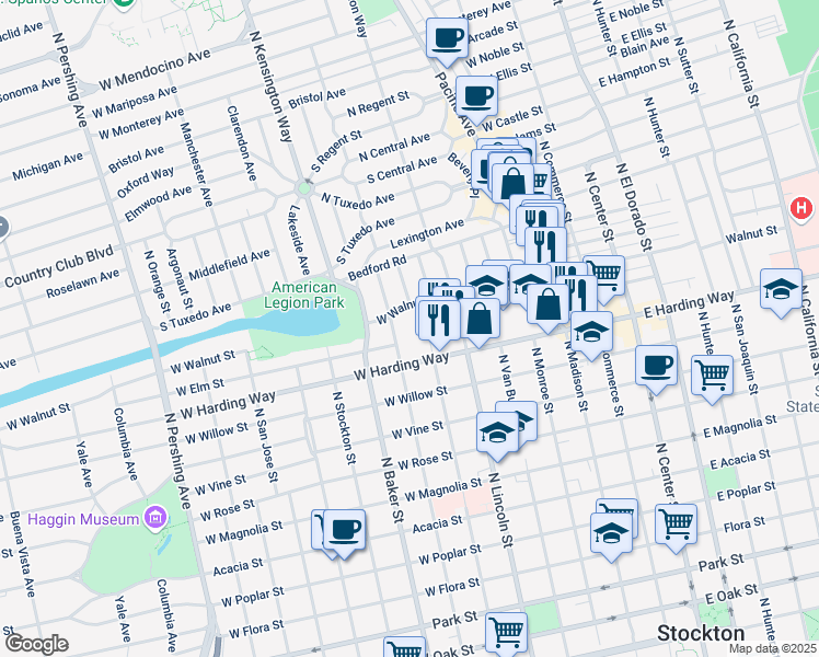 map of restaurants, bars, coffee shops, grocery stores, and more near 601 West Harding Way in Stockton