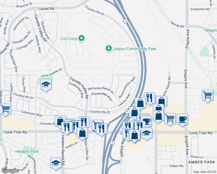 map of restaurants, bars, coffee shops, grocery stores, and more near 5557 McFarlan Ranch Drive in Antioch