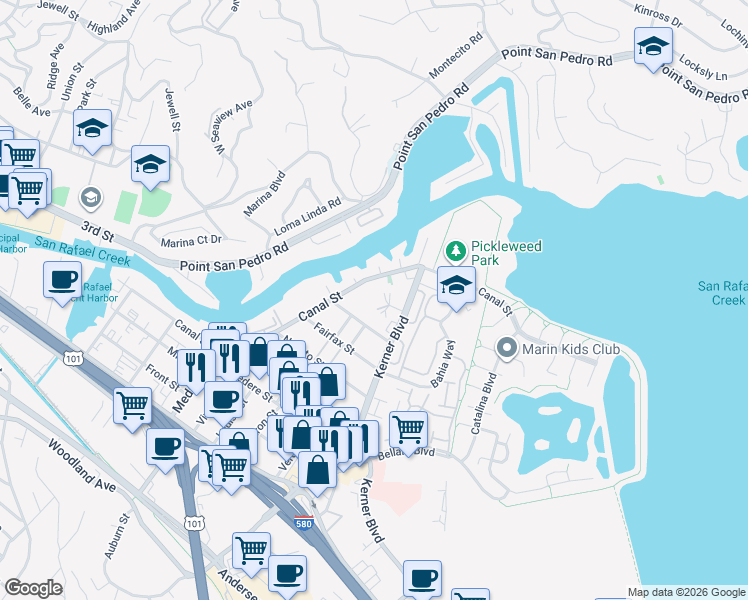 map of restaurants, bars, coffee shops, grocery stores, and more near 50 Sonoma Street in San Rafael