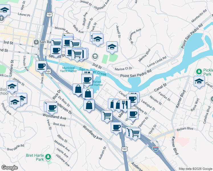 map of restaurants, bars, coffee shops, grocery stores, and more near 195 Mill Street in San Rafael