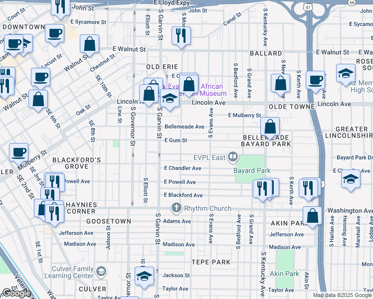 map of restaurants, bars, coffee shops, grocery stores, and more near 701 Bayard Park Drive in Evansville