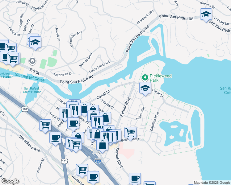 map of restaurants, bars, coffee shops, grocery stores, and more near 50 Sonoma Street in San Rafael
