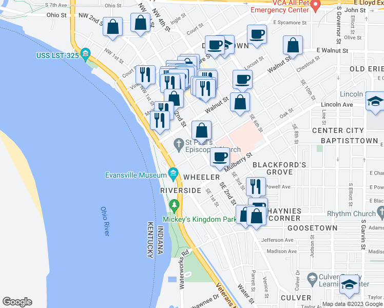 map of restaurants, bars, coffee shops, grocery stores, and more near 114 Cherry Street in Evansville