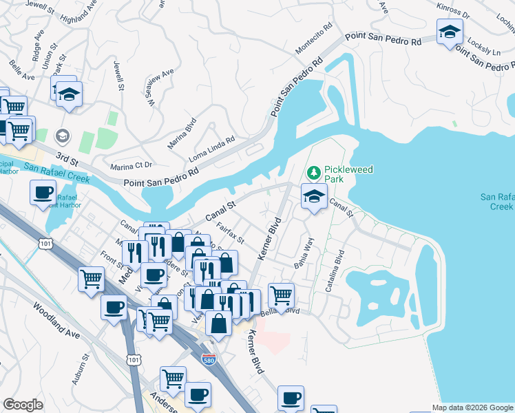 map of restaurants, bars, coffee shops, grocery stores, and more near 50 Sonoma Street in San Rafael