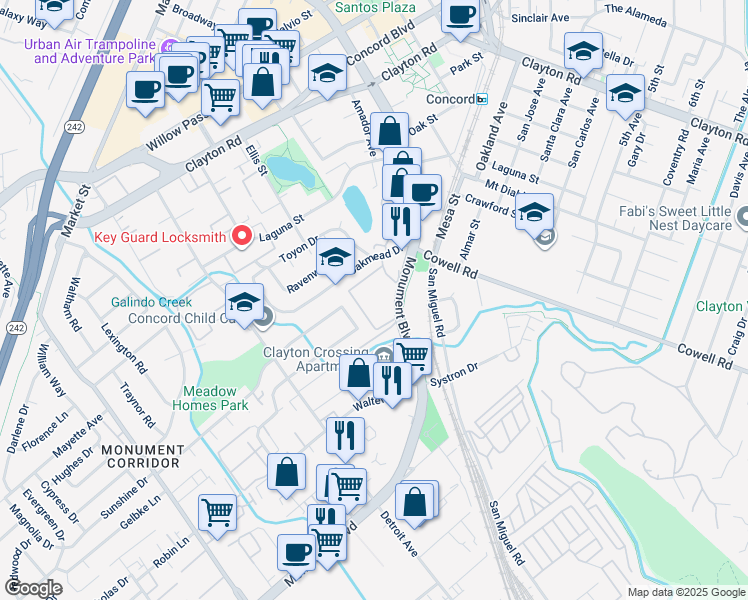 map of restaurants, bars, coffee shops, grocery stores, and more near 2925 Monument Boulevard in Concord