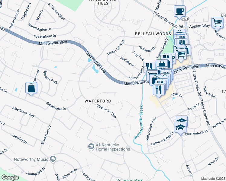 map of restaurants, bars, coffee shops, grocery stores, and more near 4164 Watertrace Drive in Lexington
