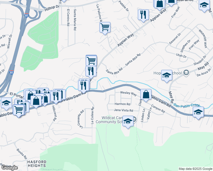 map of restaurants, bars, coffee shops, grocery stores, and more near 4231 San Pablo Dam Road in El Sobrante