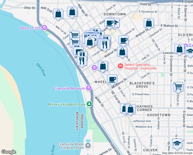 map of restaurants, bars, coffee shops, grocery stores, and more near 400 Southeast 1st Street in Evansville