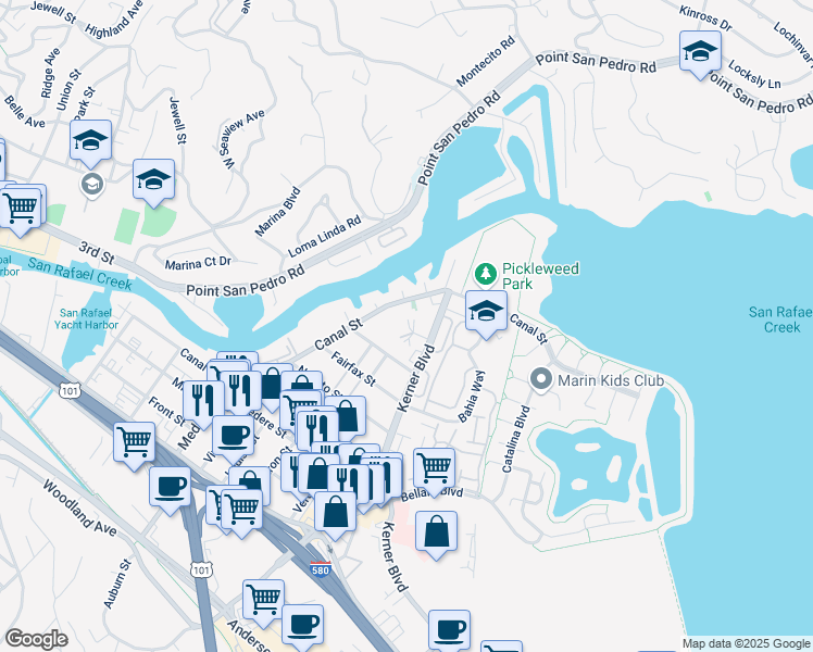 map of restaurants, bars, coffee shops, grocery stores, and more near 20 Marian Court in San Rafael