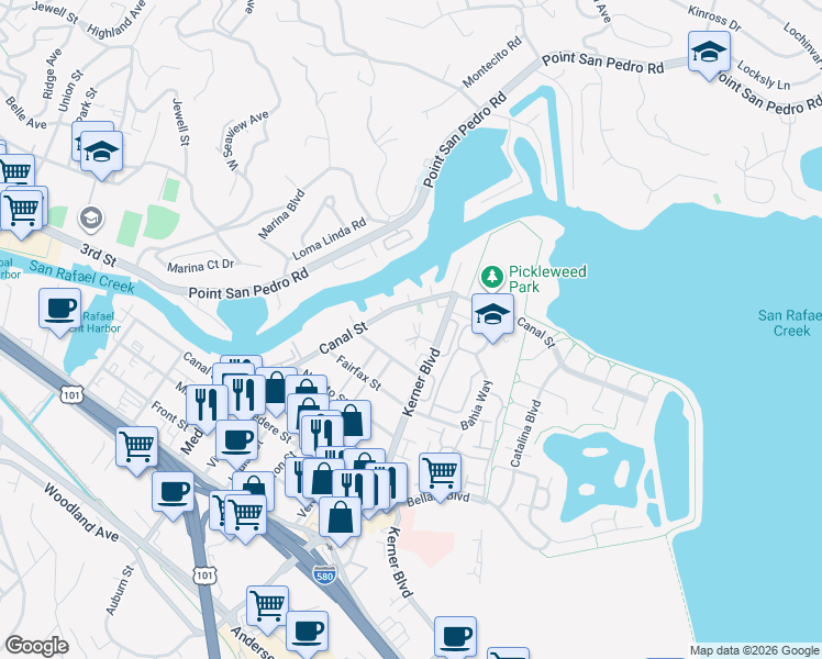 map of restaurants, bars, coffee shops, grocery stores, and more near 20 Marian Court in San Rafael