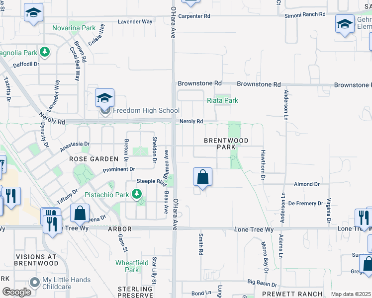 map of restaurants, bars, coffee shops, grocery stores, and more near 2986 Atherton Place in Brentwood